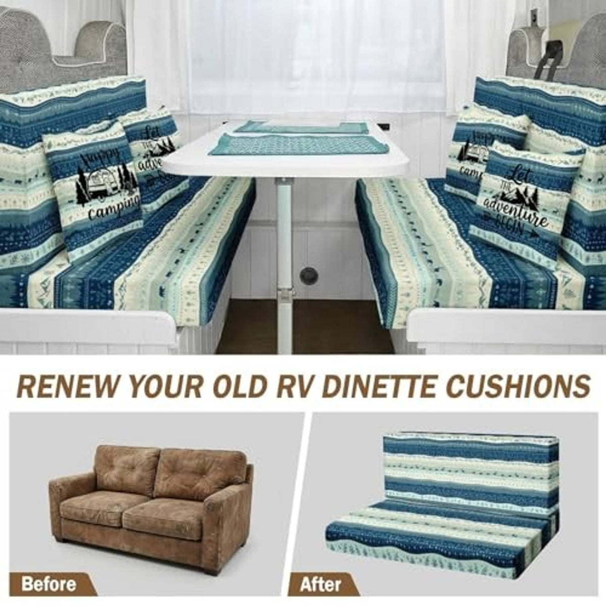 RV dinette cushion cover set in blue stripe camping theme on a bench seating set