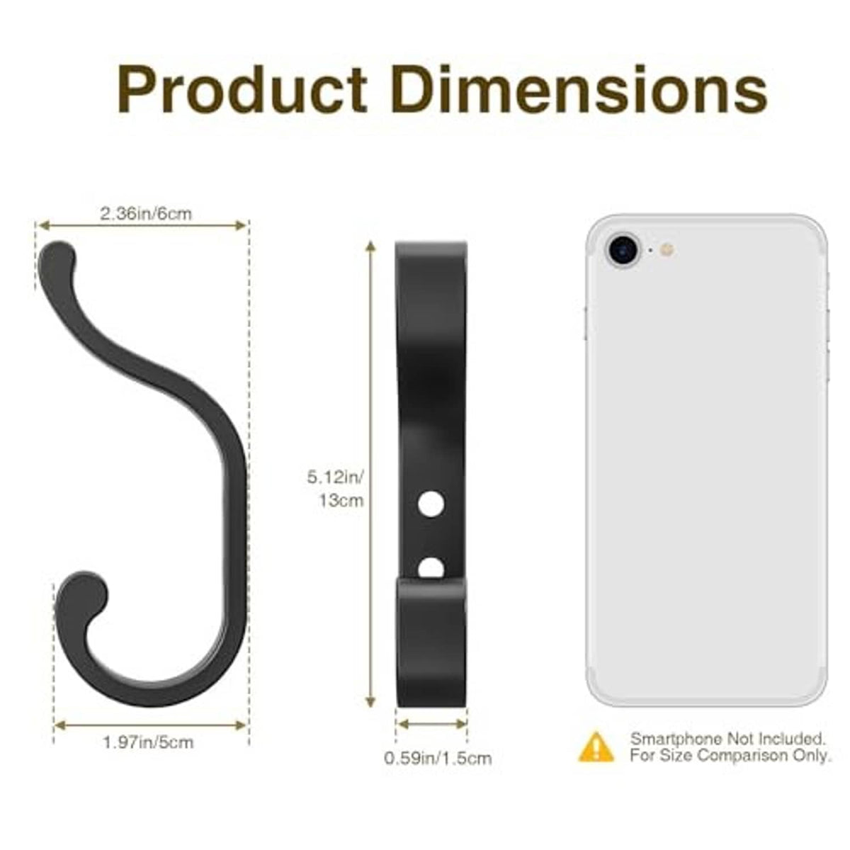 Black wall hook mounting bracket with size markings and screw hole slot