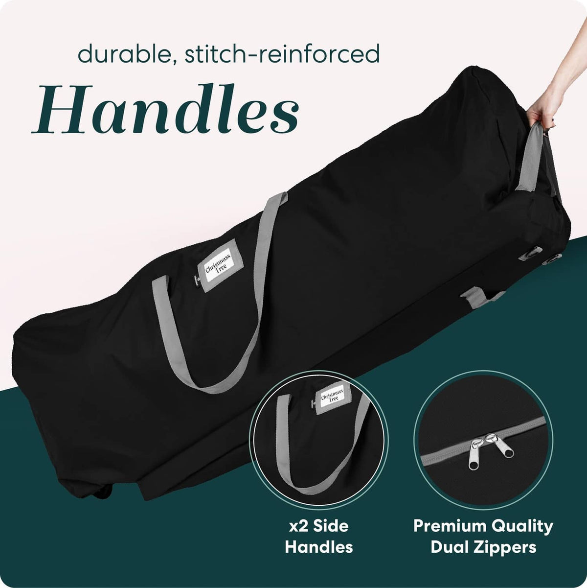 Black tree storage bag with reinforced handles and dual zippers, rolling wheels