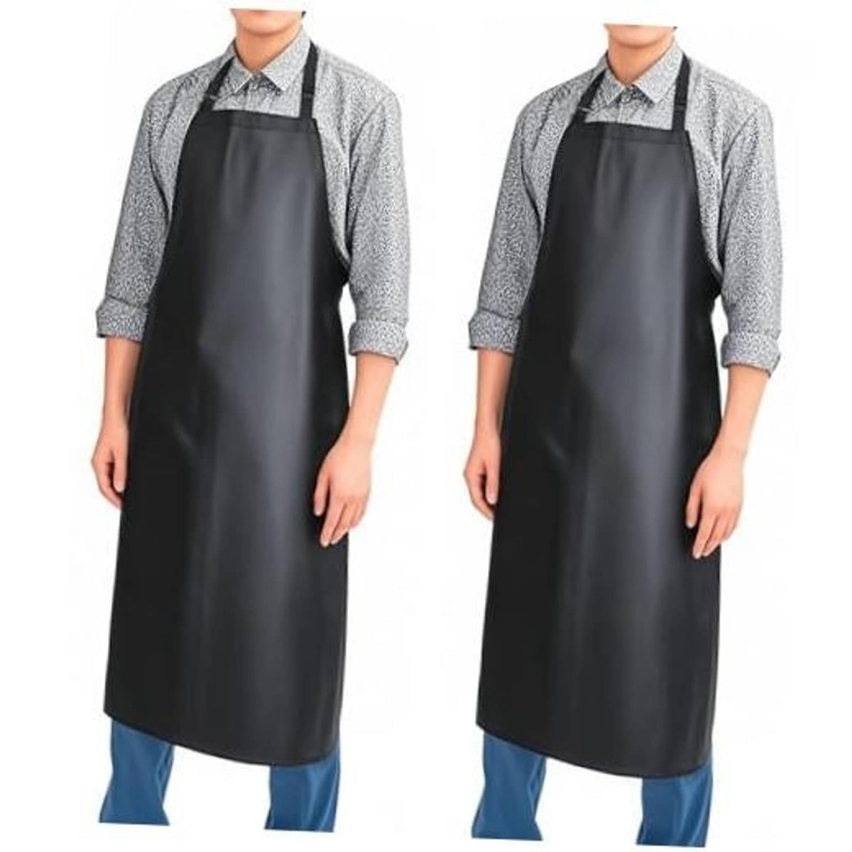 Black waterproof rubber vinyl apron with wide front bib and long skirt, worn over a shirt.