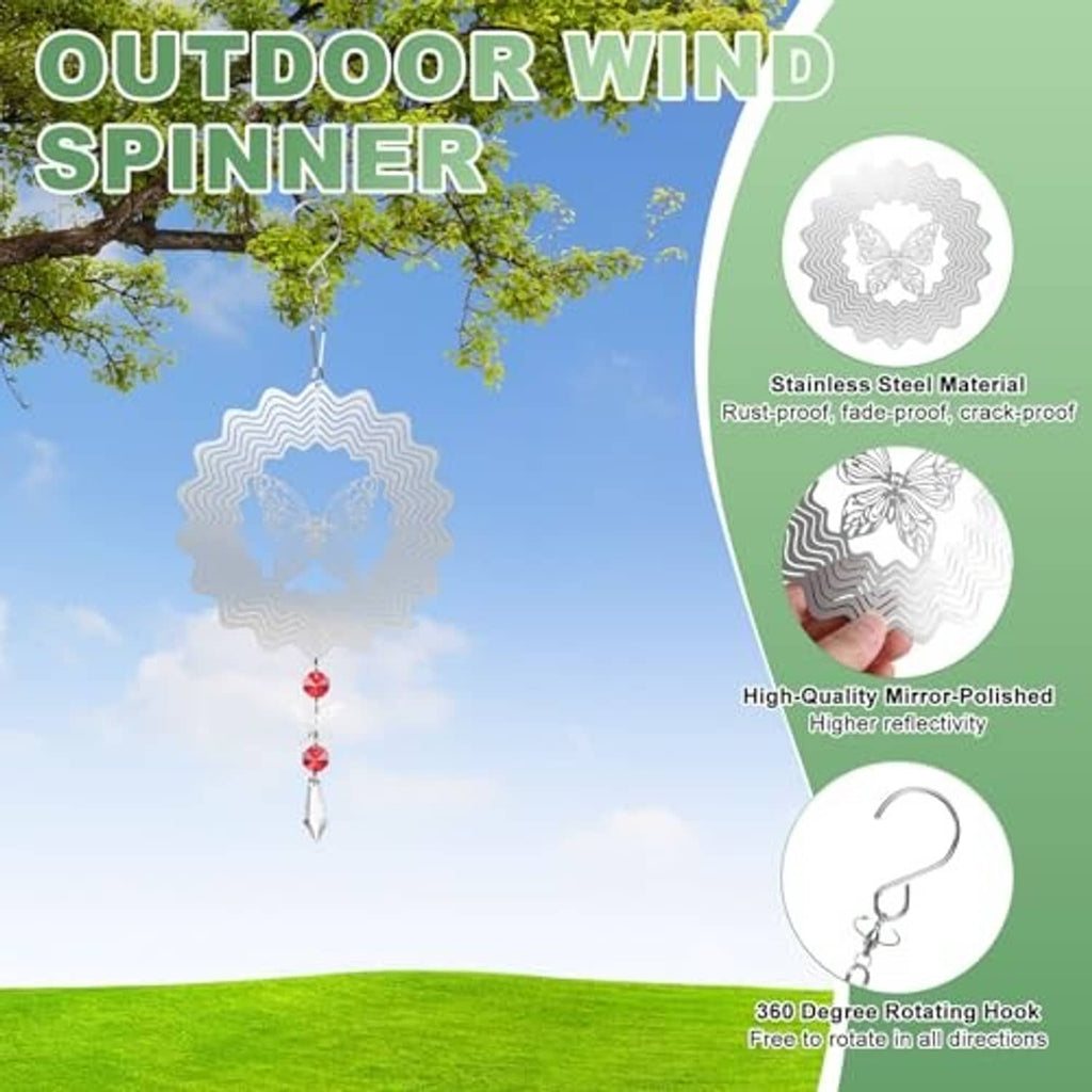 Hanging reflective stainless wind spinner with butterfly design and red bead dangling