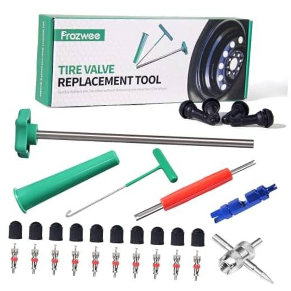 Tire valve stem core replacement tool kit with green handle and metal stem tools