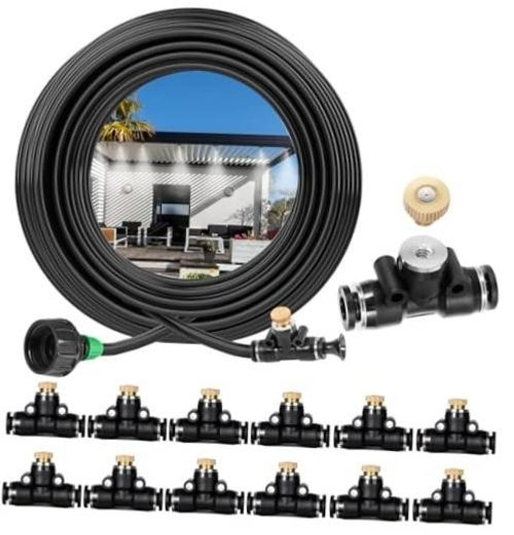 Outdoor misting hose kit coil with black manifold and multiple brass-tip nozzles