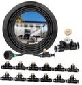 Outdoor misting hose kit coil with black manifold and multiple brass-tip nozzles