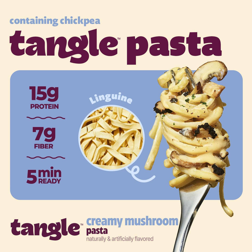 Tangle creamy mushroom linguine pasta graphic with 15g protein and 7g fiber
