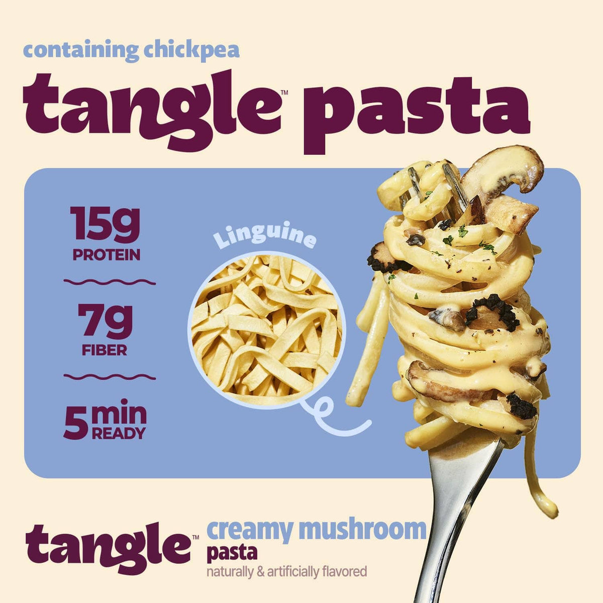 Tangle creamy mushroom linguine pasta graphic with 15g protein and 7g fiber
