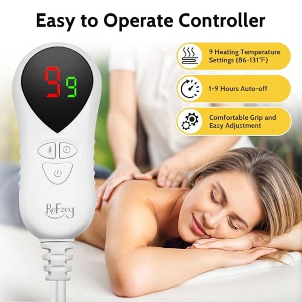 Massage table heating pad controller with red temperature display and buttons