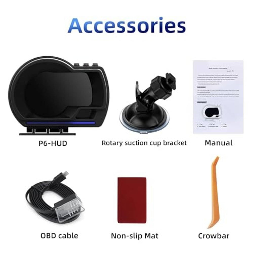 OBD2 GPS HUD smart gauge kit with suction mount, OBD cable, non-slip mat, and manual