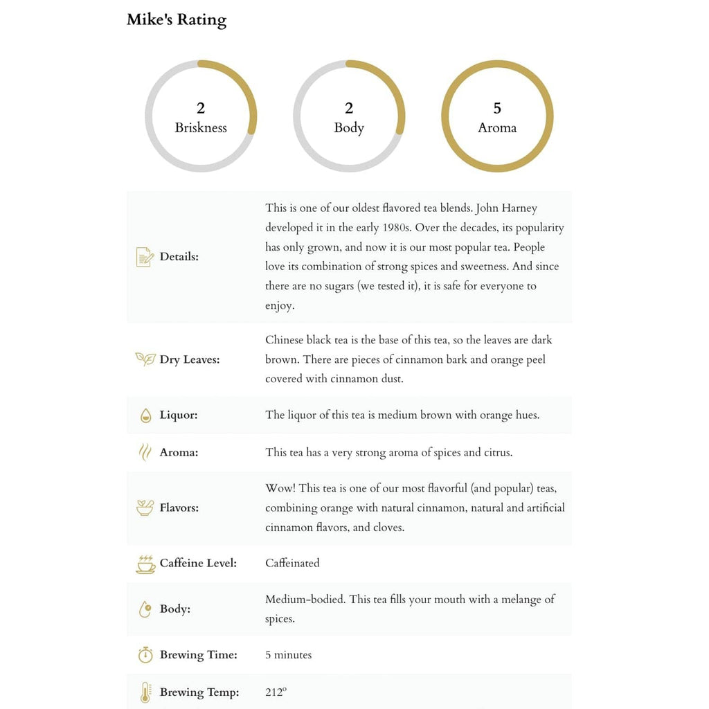 Tea flavor information page with rating circles for briskness, body, and aroma