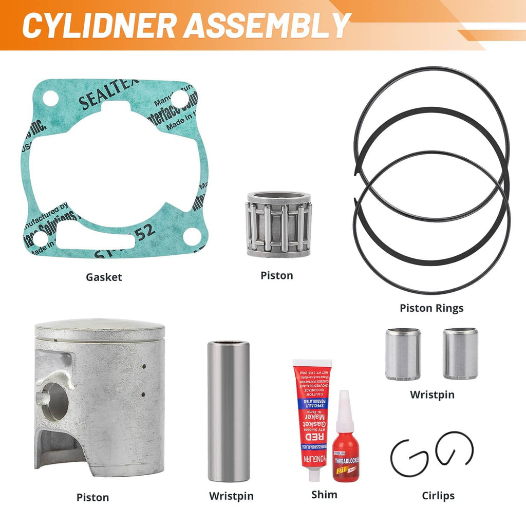 Cylinder assembly parts layout: gasket, piston, piston rings, wrist pin, circlips, and shim