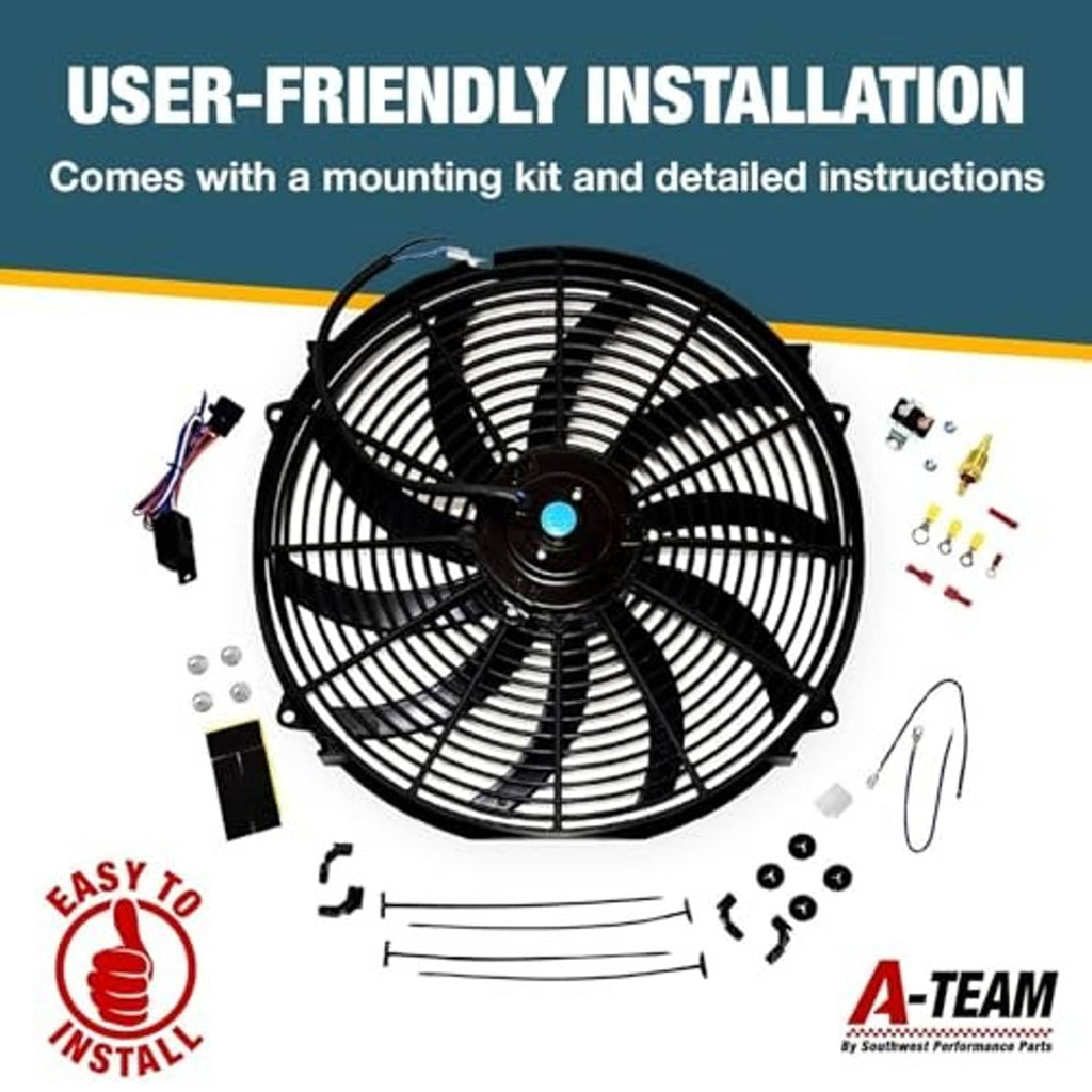 Black electric radiator cooling fan kit with mounting brackets and included hardware