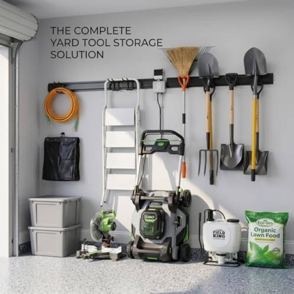 Wall-mounted yard tool storage set with black rail hooks and hanging tools