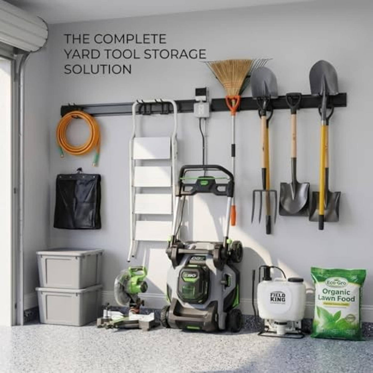 Wall-mounted yard tool storage set with black rail hooks and hanging tools