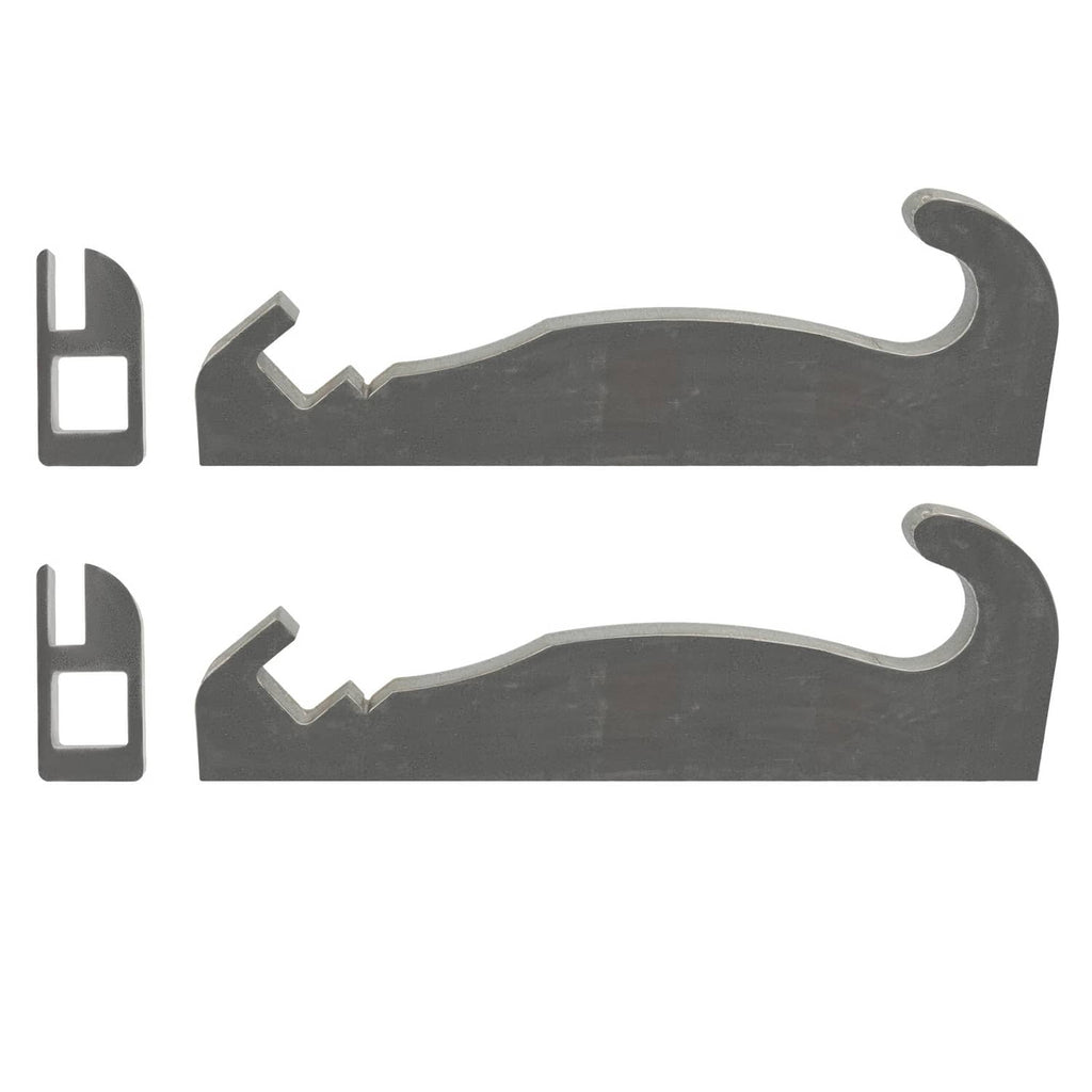 Two steel quick attach brackets plus two small rectangular clip pieces, dark gray
