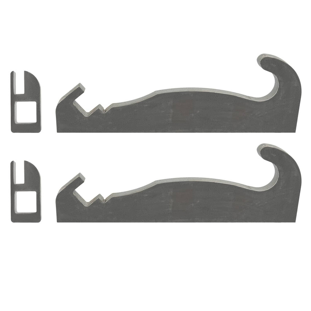 Two steel quick attach brackets plus two small rectangular clip pieces, dark gray
