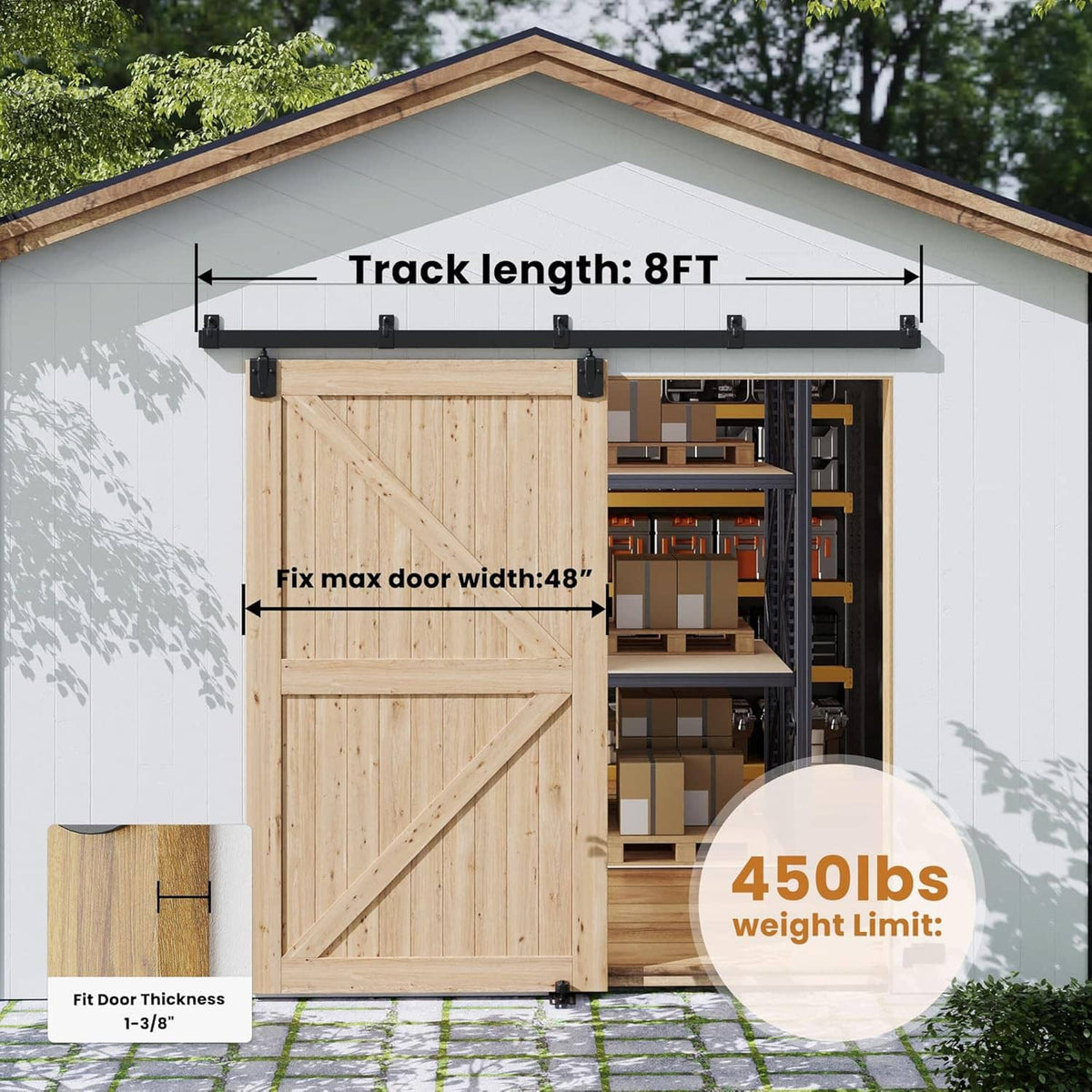 8 ft sliding barn door track system with mounting brackets and capacity details
