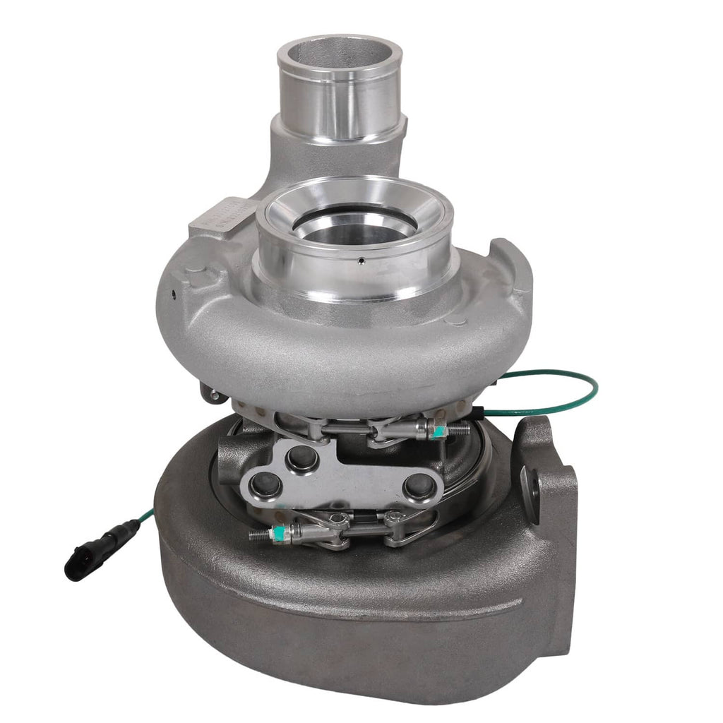 Turbocharger assembly with round compressor inlet, outlet pipe, and turbine housing