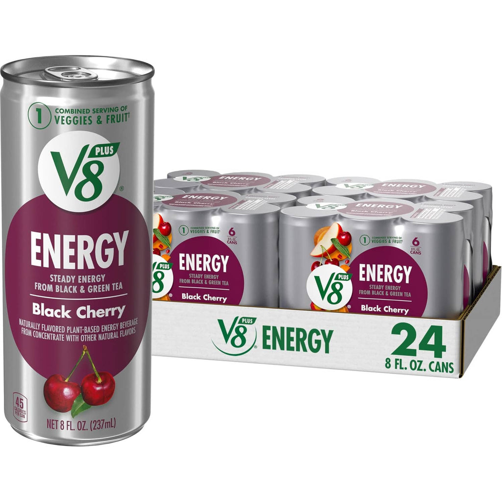 V8 Energy Black Cherry energy drink can, 8 fl oz, with 24-pack cartons