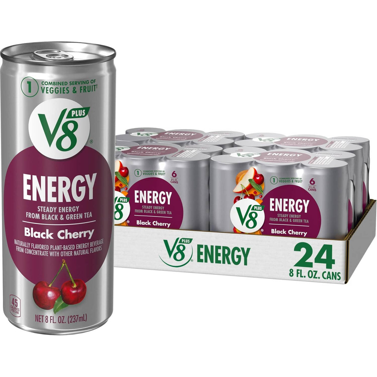 V8 Energy Black Cherry energy drink can, 8 fl oz, with 24-pack cartons