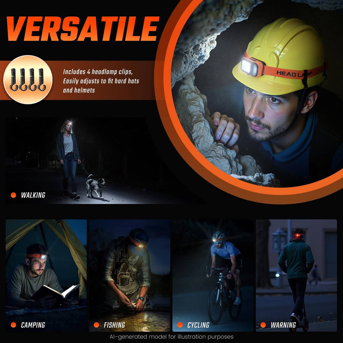 Orange LED headlamp with adjustable strap and included clips for helmets and hard hats