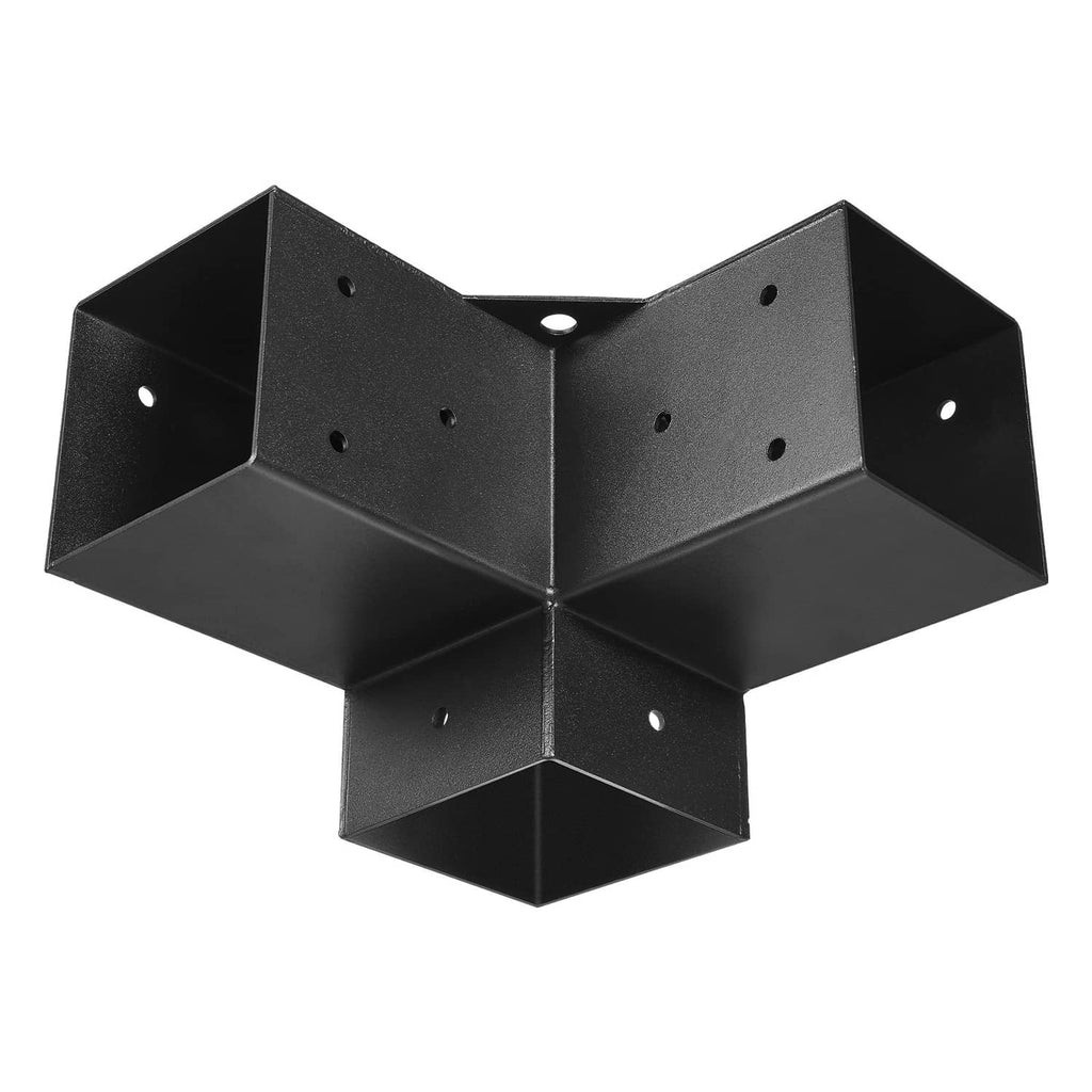 Black steel inner 3-way corner bracket with cross-shaped joint and predrilled mounting holes