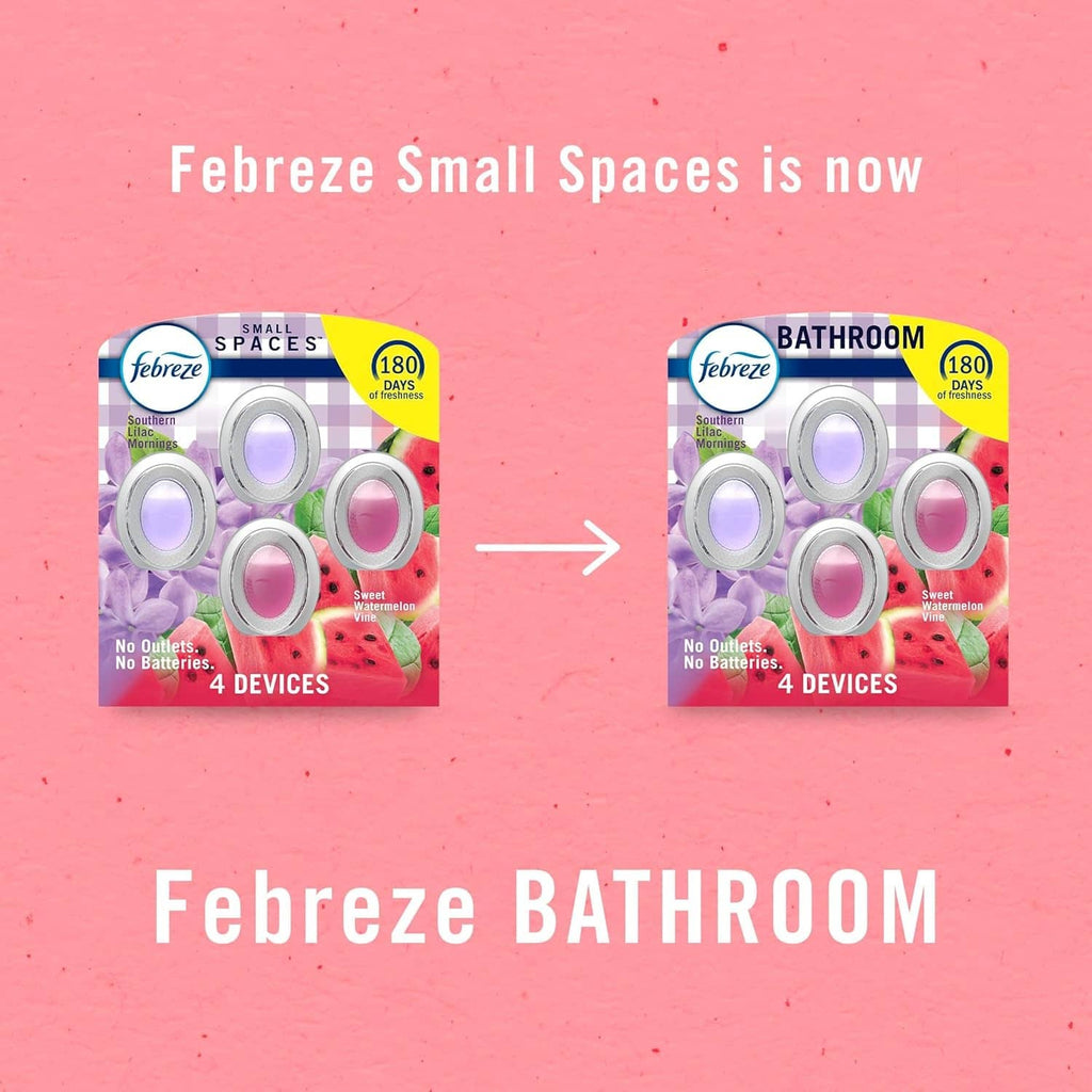 Febreze Bathroom small spaces kit graphic showing two 4-device packs side by side