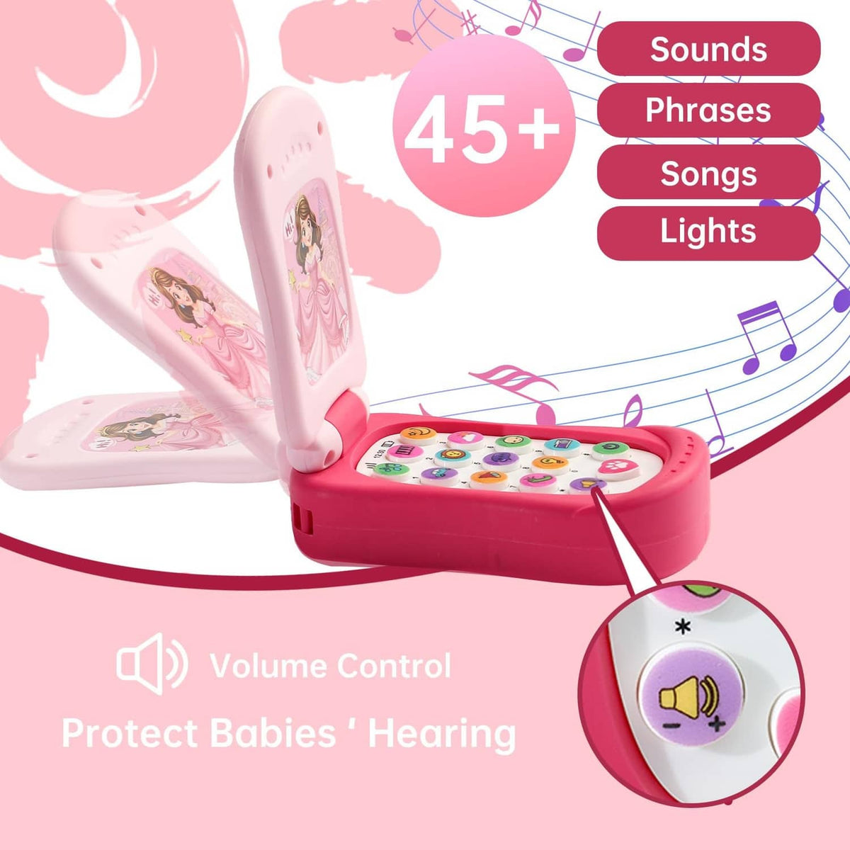 Pink and white toy phone with side volume control and colorful button keypad