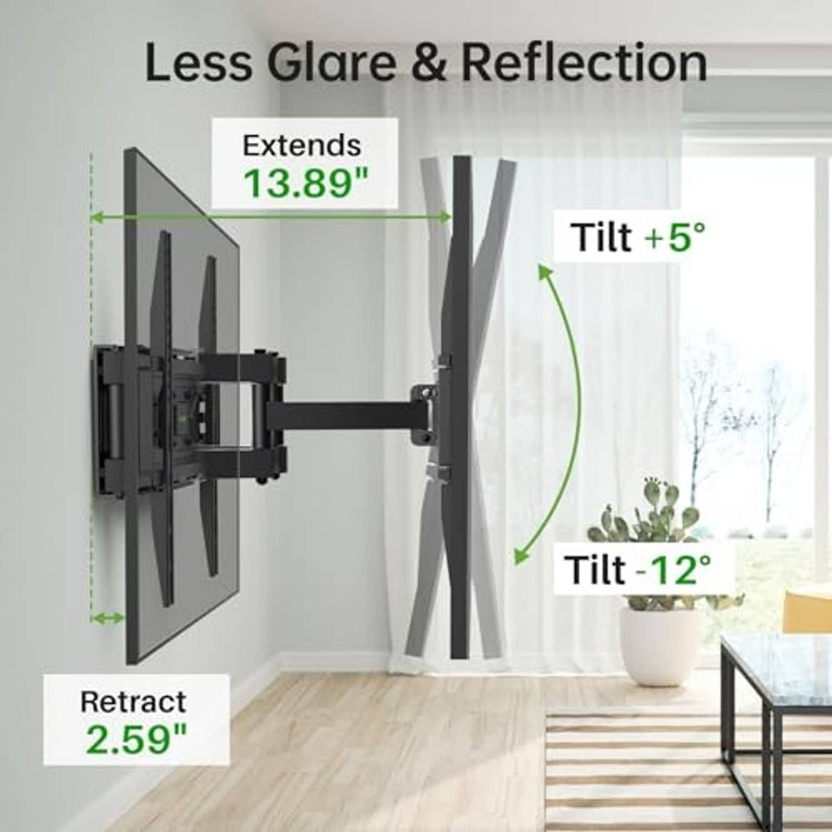 Full motion TV wall mount with extend, retract, and tilt angles for glare control