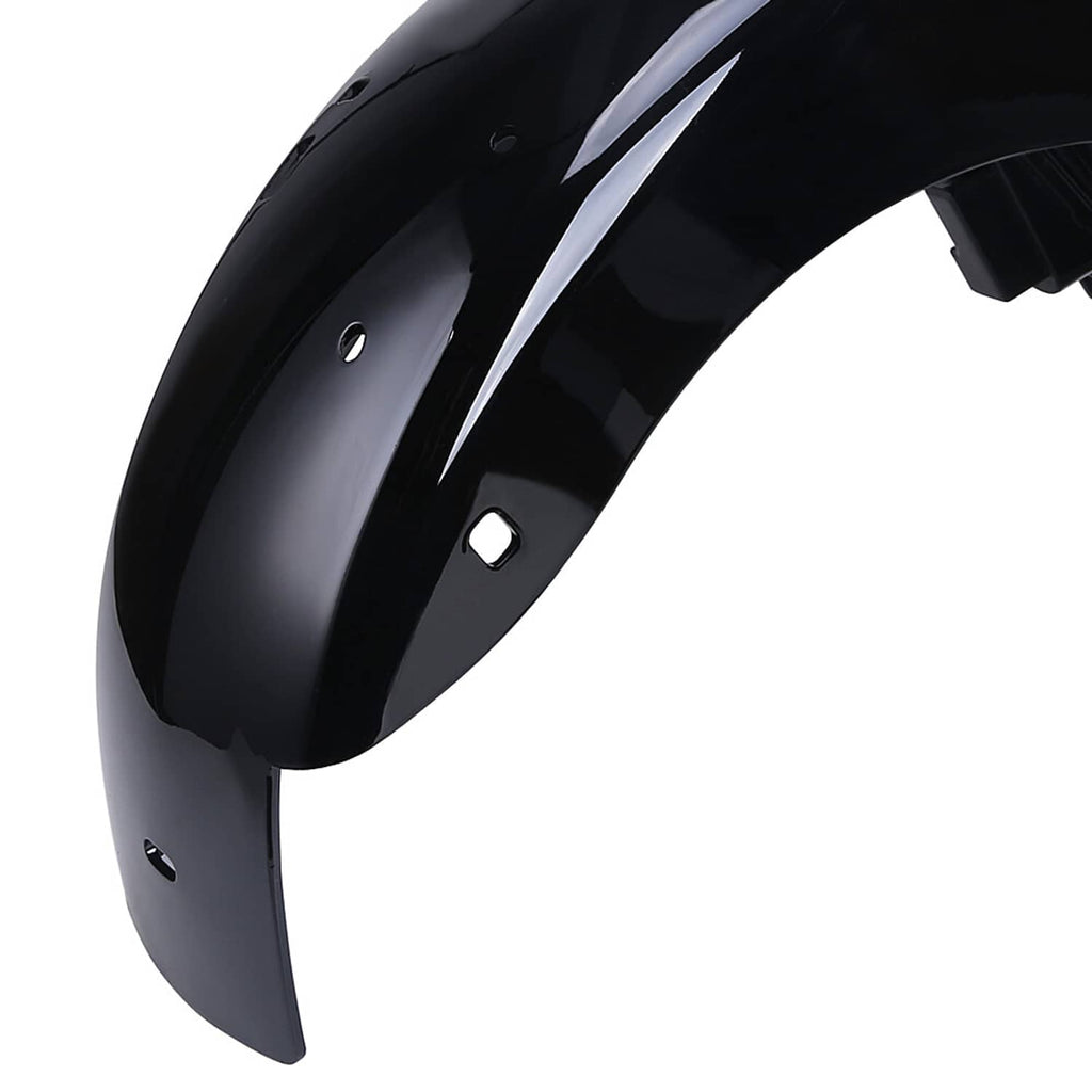 Curved black rear fender extension with smooth glossy finish and mounting holes
