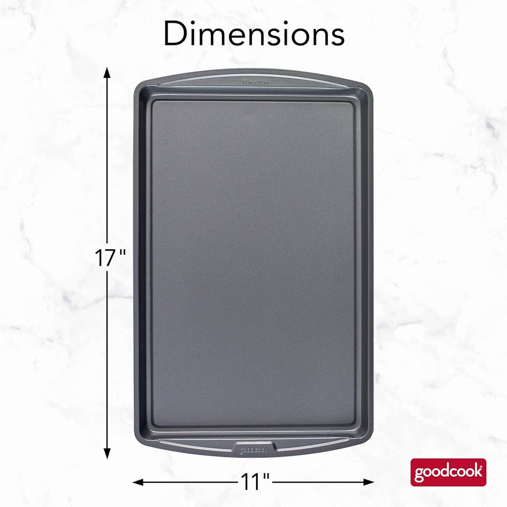 Gray rectangular baking sheet, 17 x 11 inch, shown upright with raised edge