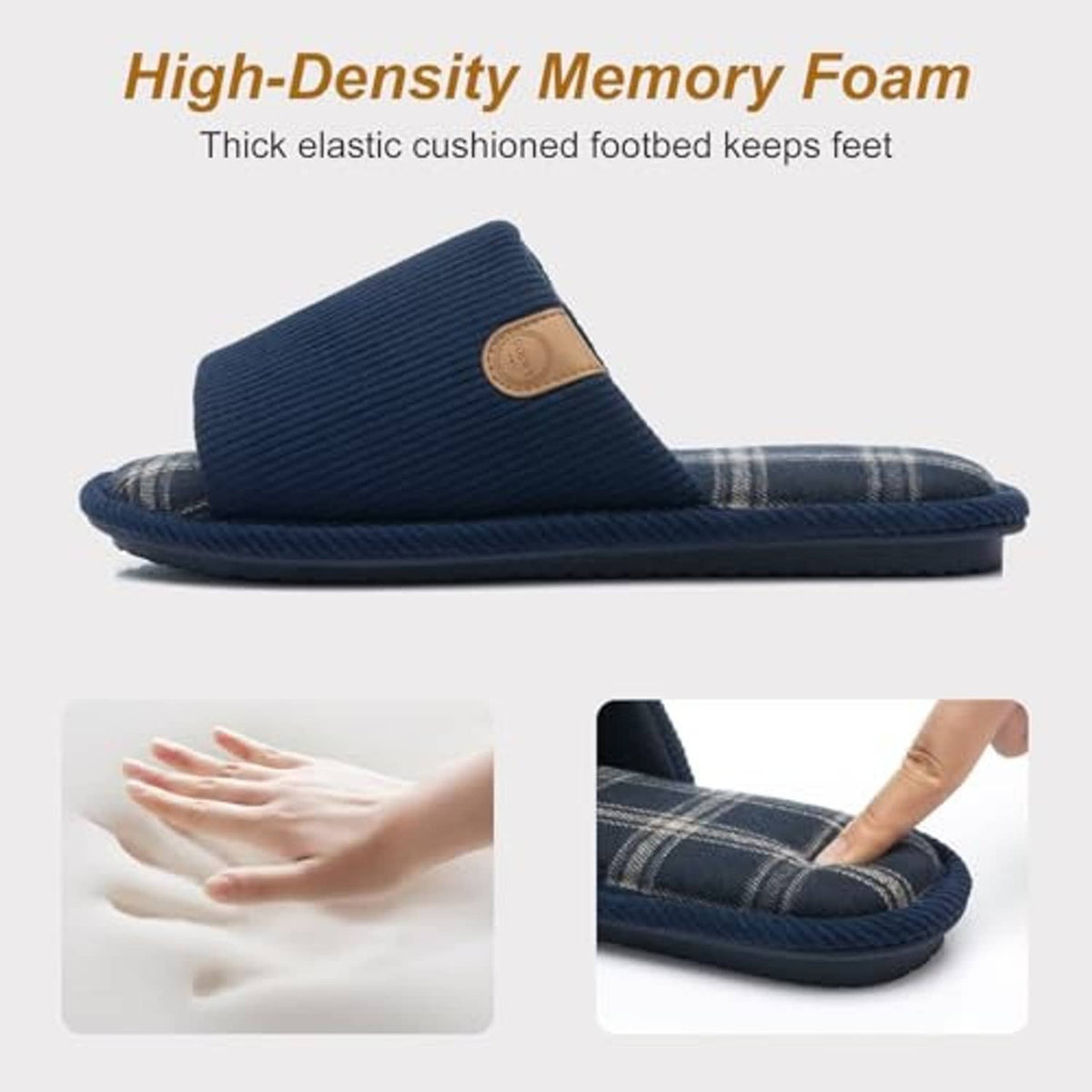 Side view of dark blue corduroy slip-on slipper with plaid-lined top