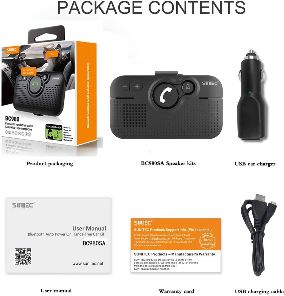 Bluetooth car kit package contents with speaker, USB charger, and user manual