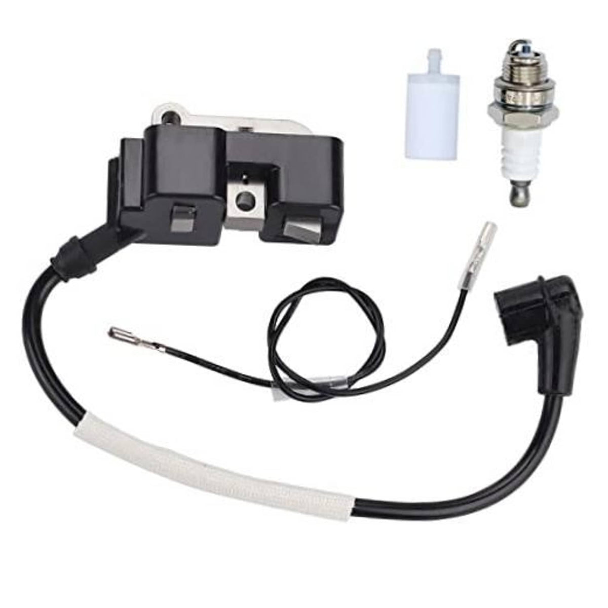 Ignition coil module with spark plug and wiring harness, black and metal parts