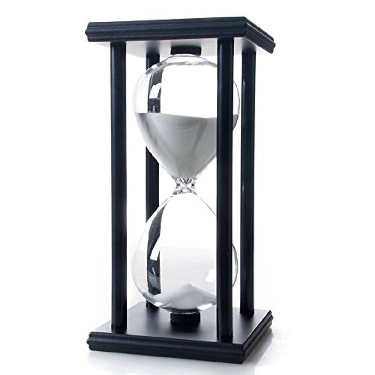 60-minute hourglass sand timer with dark wood frame and white sand