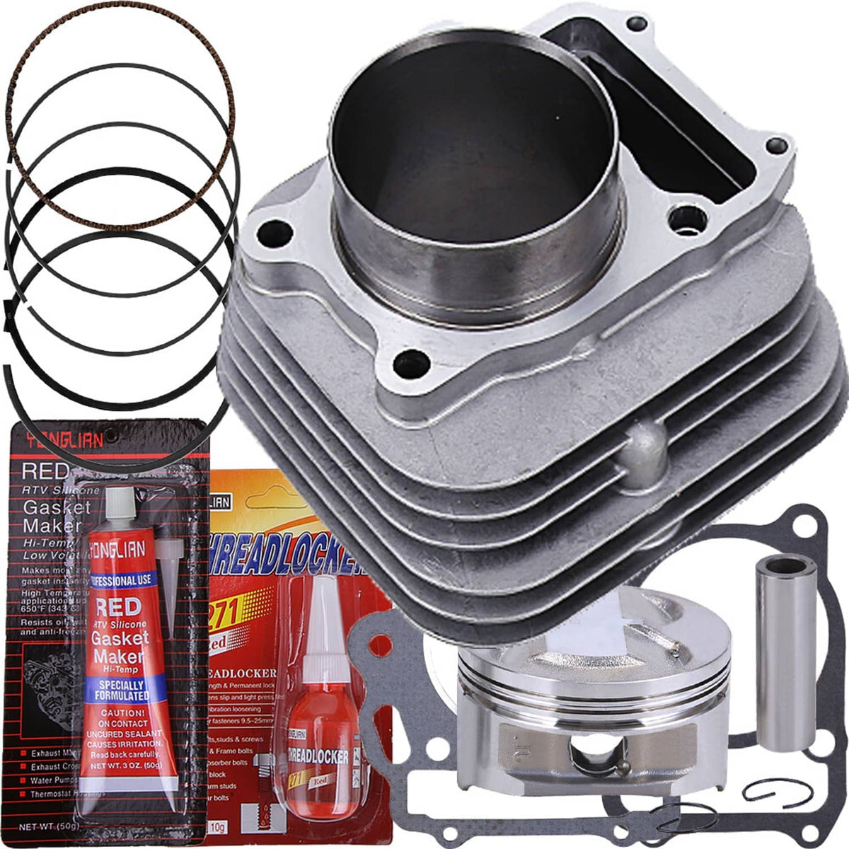 Aluminum cylinder with piston and piston ring set, plus gasket and fastener kit