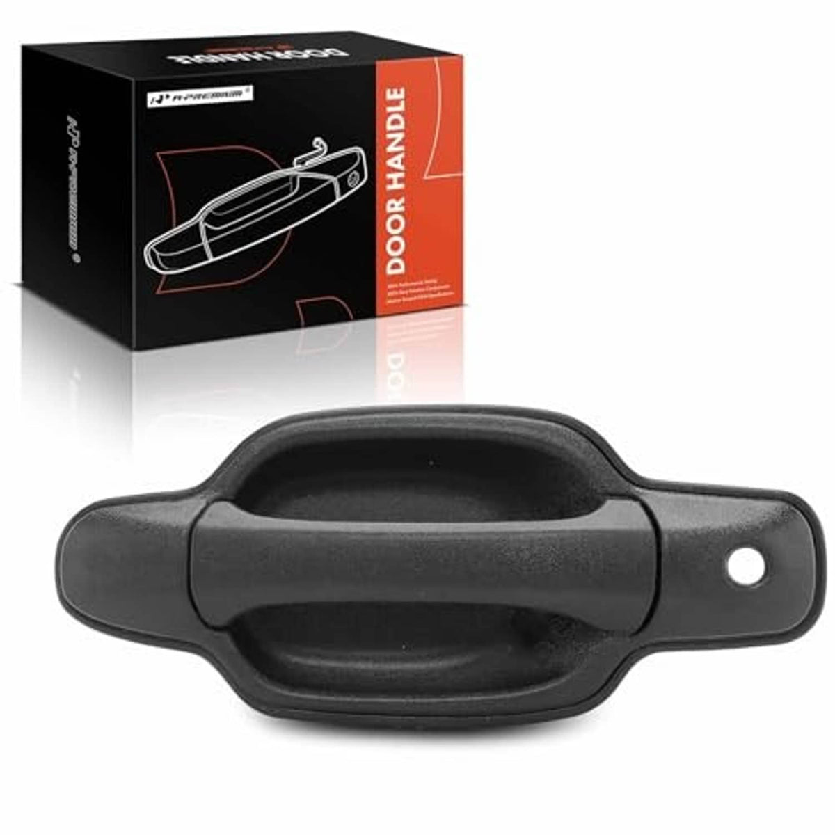 Front left exterior door handle with keyhole, textured dark plastic