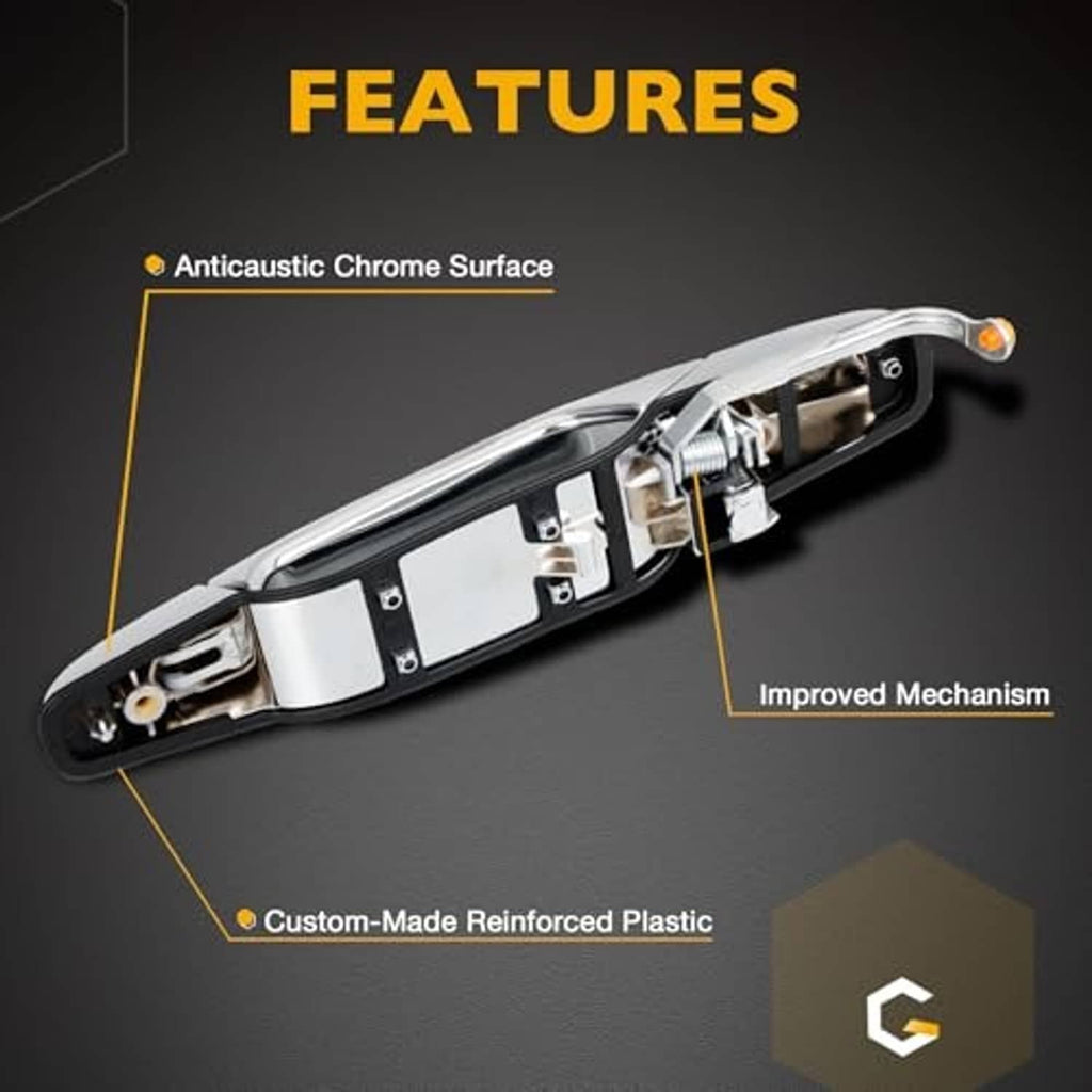 Chrome exterior door handle with exposed interior mechanism, front right passenger side.
