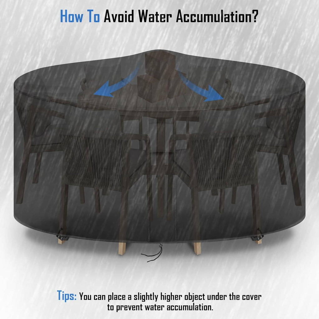Round black patio table cover with vent design to help prevent water buildup on top