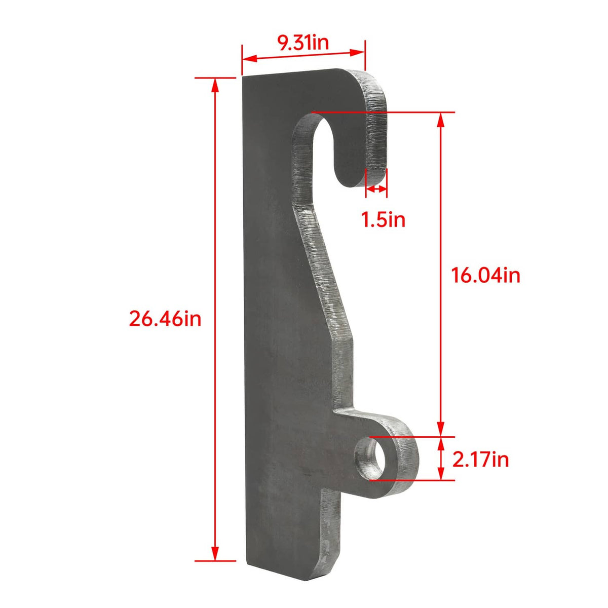 Steel loader bracket coupler dimensions view with mounting hole and top slot