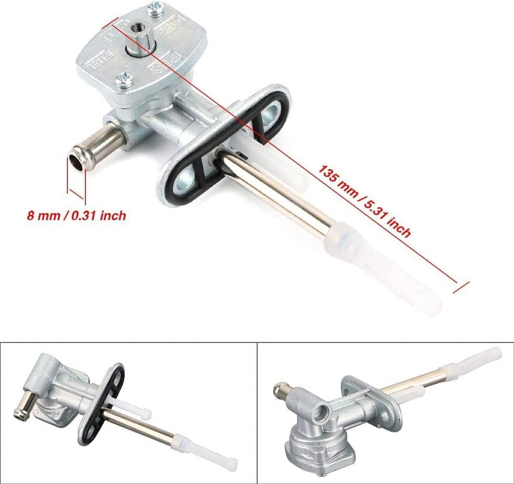 Fuel petcock valve with lever, outlet nozzle, and included dimensions diagram