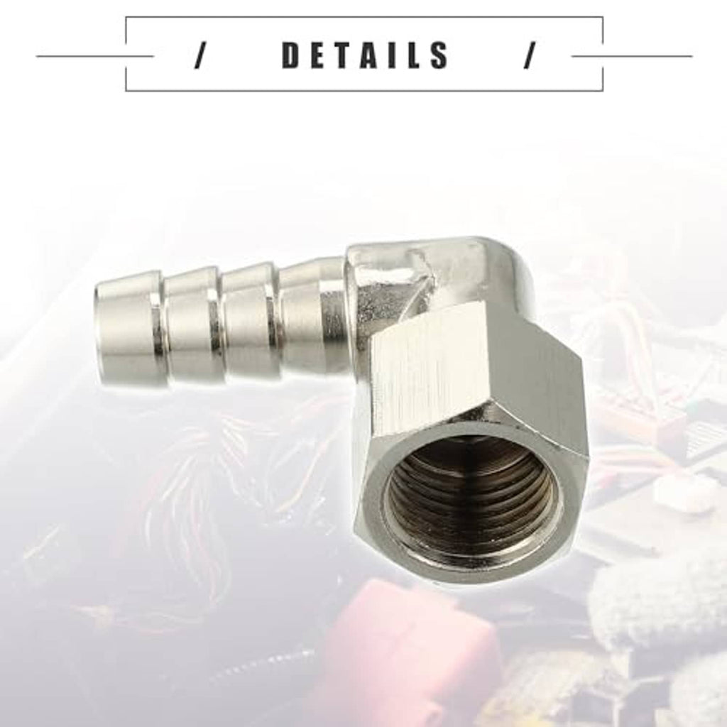 90-degree metal hose fitting adapter side view with hex threaded opening and barbed connector