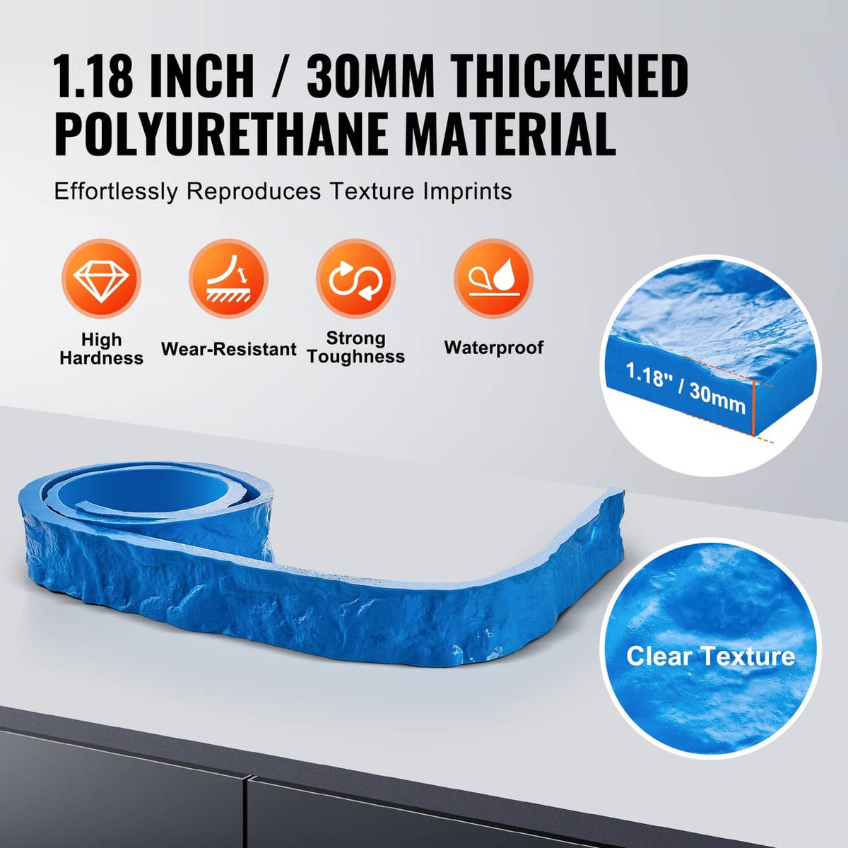 Blue polyurethane concrete stamp strip, 1.18 in thickened, stone texture detail
