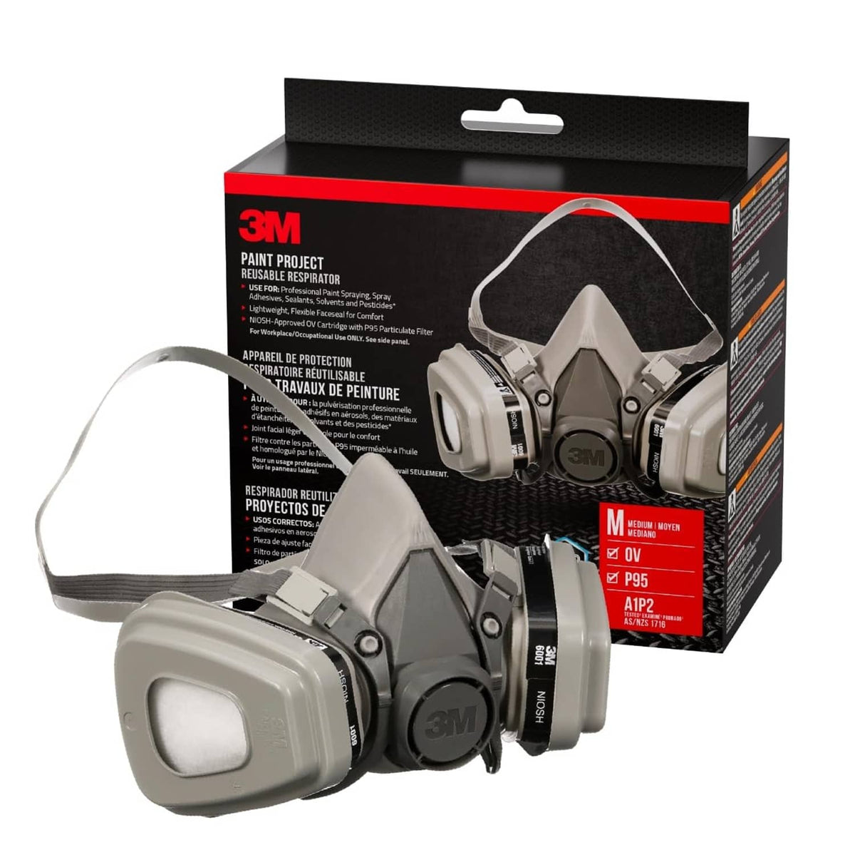 3M reusable half-face respirator with OV cartridges and face seal, tan and gray