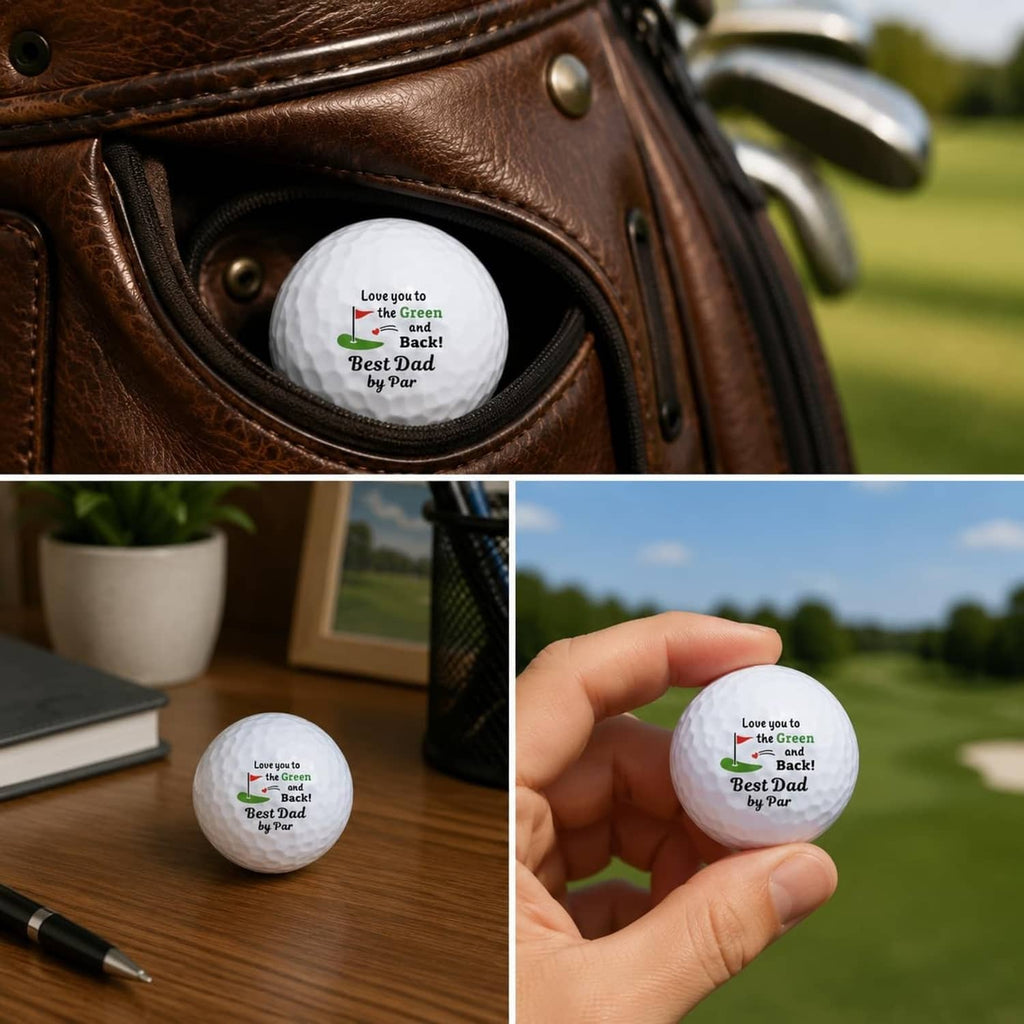 White golf ball shown in a leather golf bag and in hand
