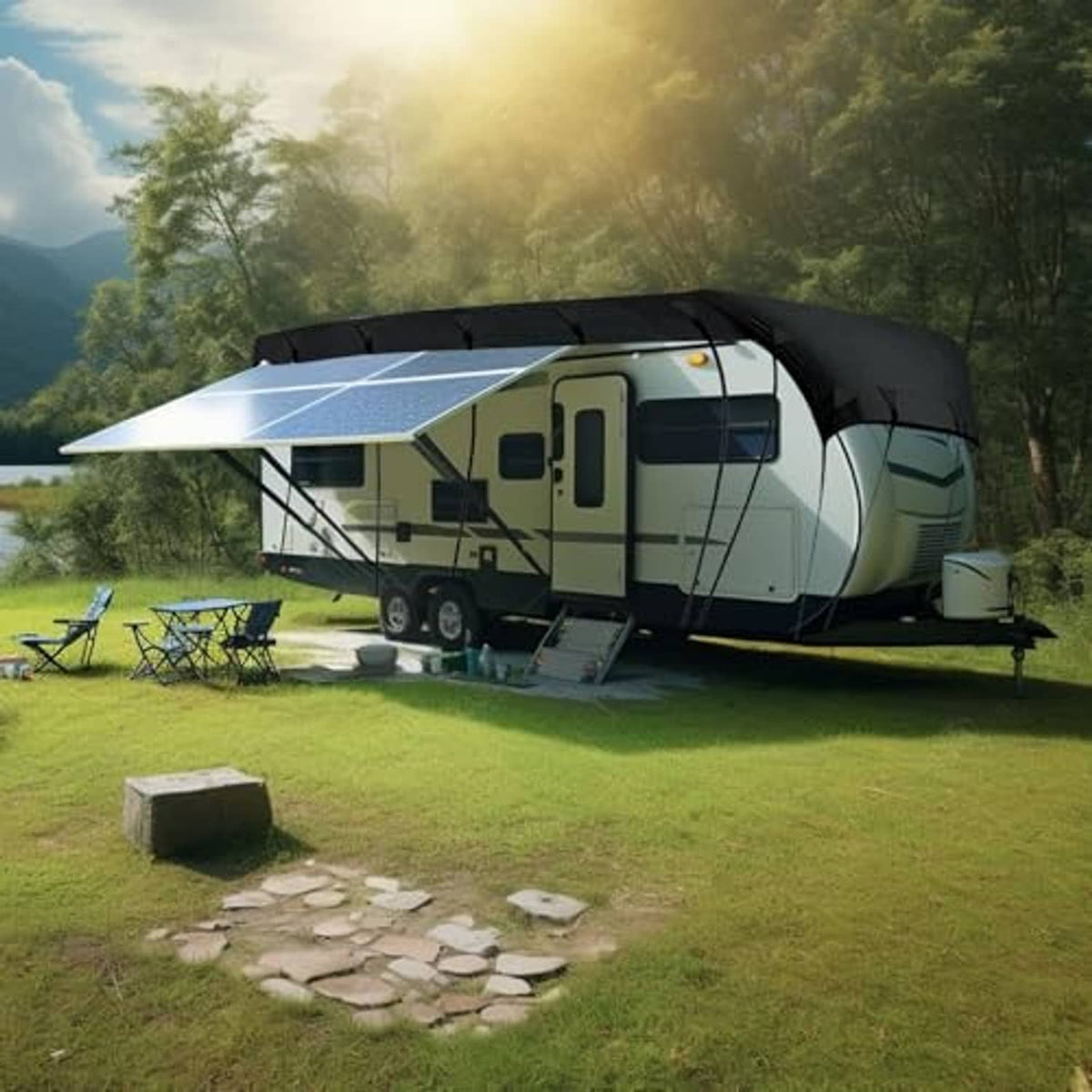 Black RV cover tarp on a travel trailer outdoors, with a solar panel cutout