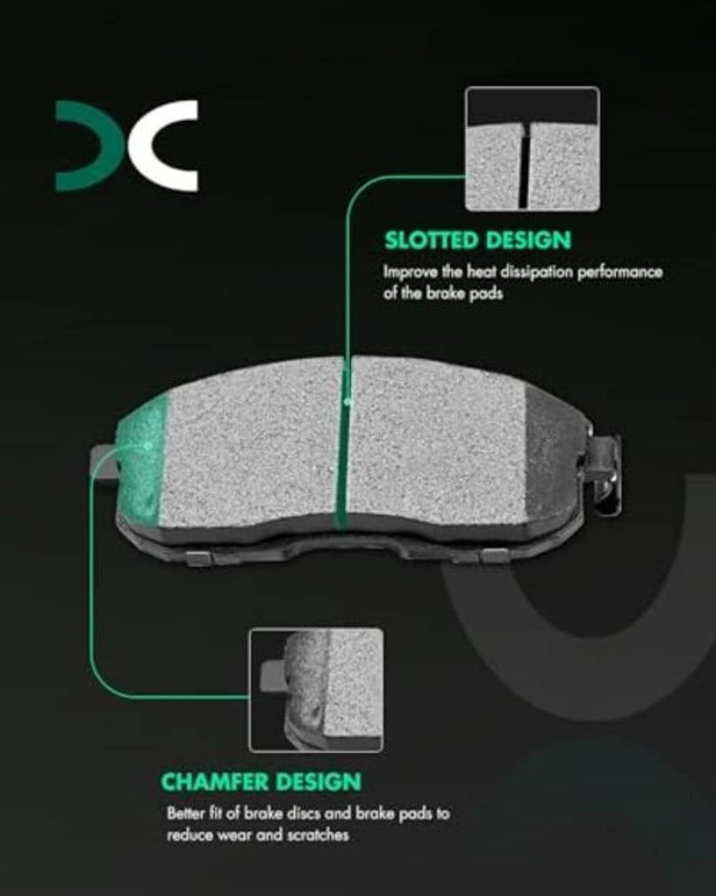 Front ceramic brake pad with slotted and chamfered friction surface, gray
