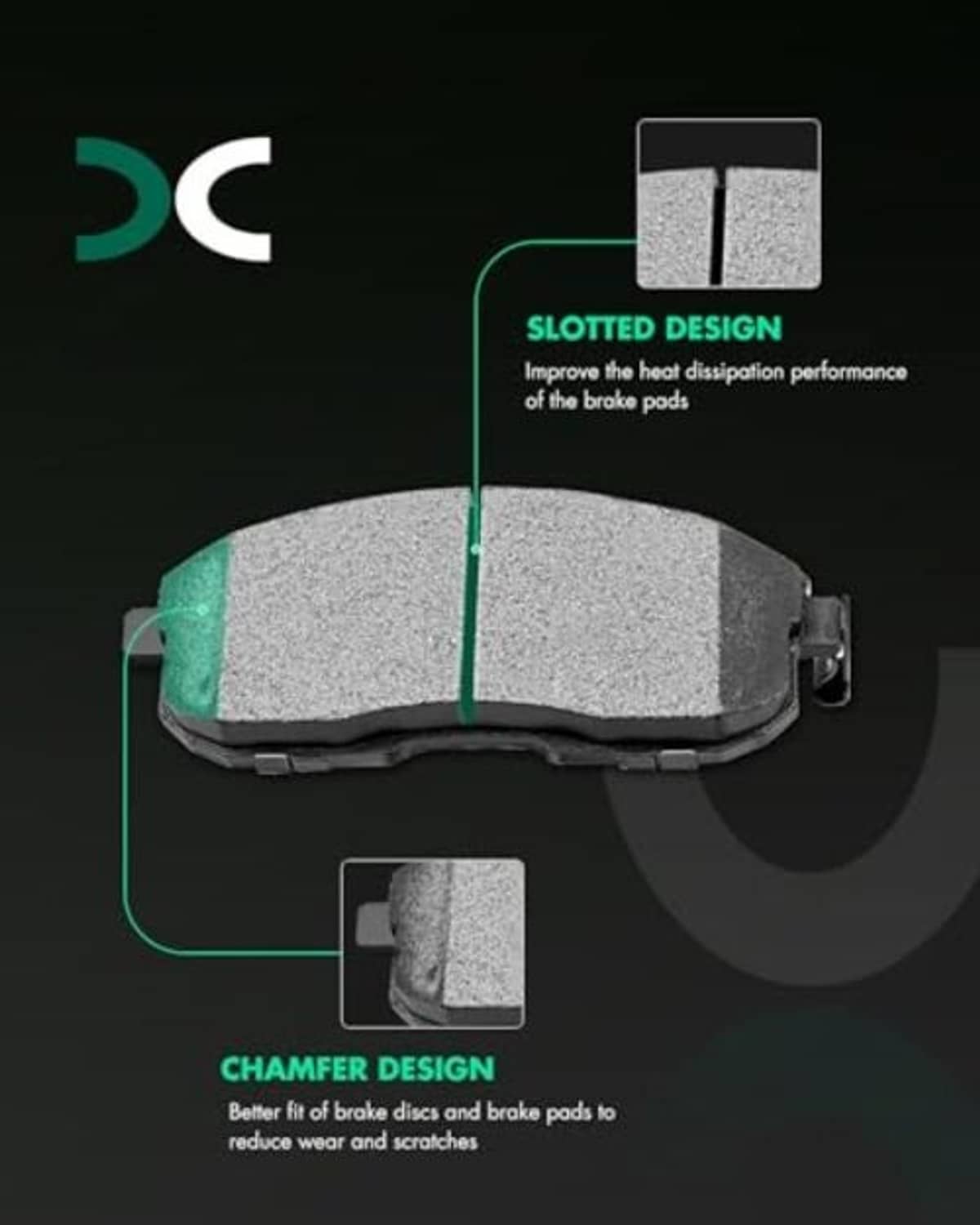 Front ceramic brake pad with slotted and chamfered friction surface, gray
