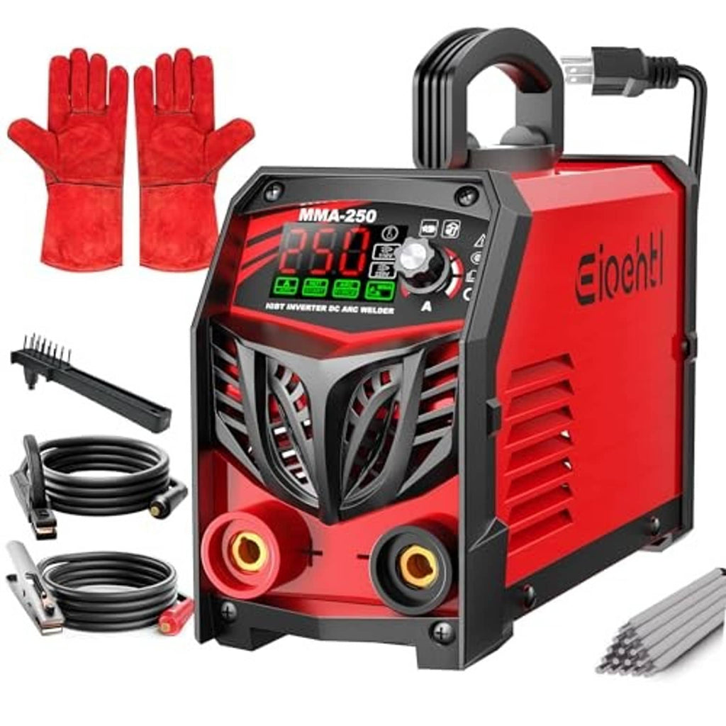Red MMA stick welder with front control panel, side connectors, and LED display