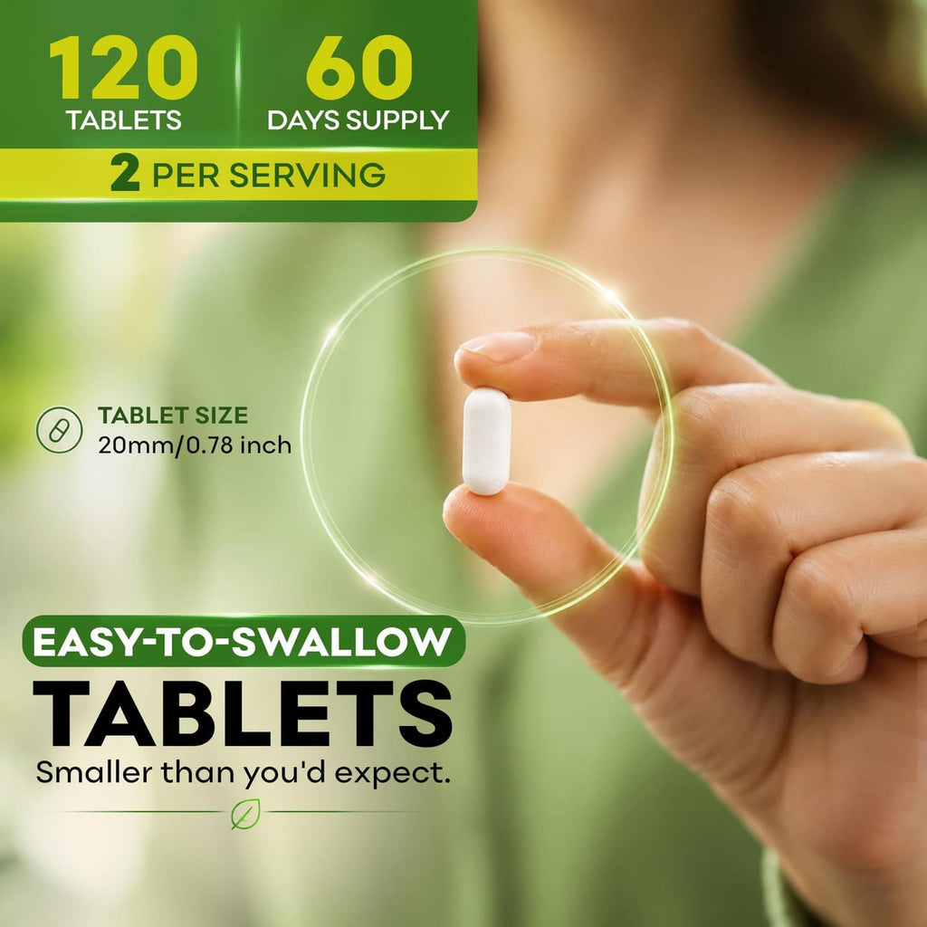 White supplement tablet in hand with tablet-size graphic for magnesium glycinate