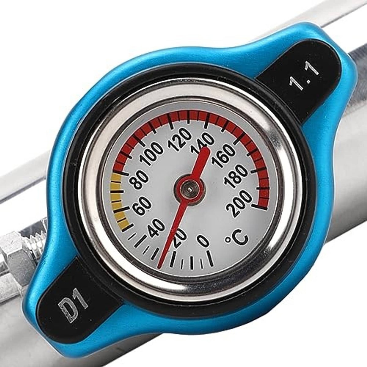Temperature dial on radiator coolant filler neck with blue bezel and black dial cover